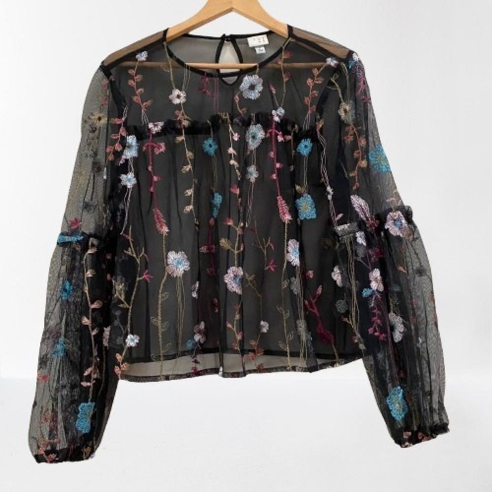 A New Day Women Black Mesh Floral Embroidered Blouse Medium